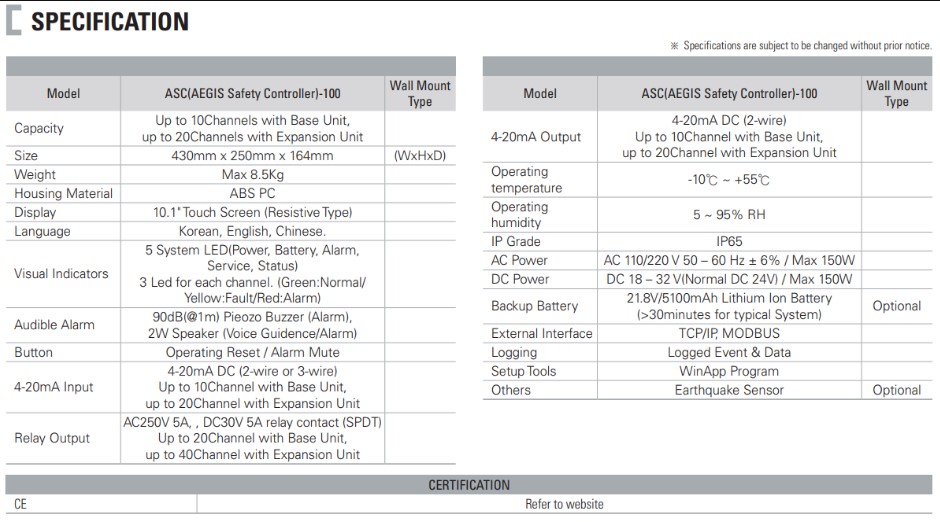 Specification ASC-100